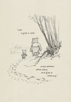 winnie the pooh and piglet looking at each other in front of a tree