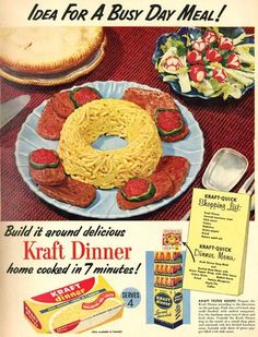 an advertisement for kraut dinner with spaghetti and meatballs on the plate next to it