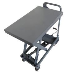 a gray table with wheels on it and an empty tray for the top to sit on