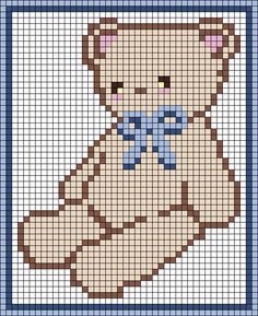 a cross stitch teddy bear with a blue bow