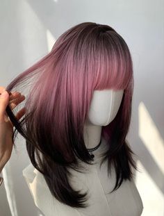 Pink And Black Hair Wolfcut, Partial Peekaboo Highlights, Cute Hair Color Combos, Ombré Color Hair, Brunette To Pink Hair, Pink To Black Hair, Pink Black Blonde Hair, Straight Hair Dye Ideas, Chocolate Pink Hair