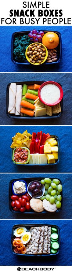 four different types of food are shown in three separate trays, each with the same amount