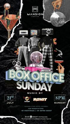 a poster for the box office sunday music by night event with various items on it