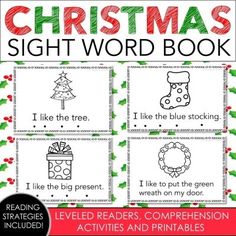 christmas sight word book with pictures and words to read on the page, in red and green