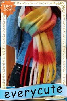 Women's Fashionable Rainbow Plaid Thickened Color Block Tassel Scarf Fall Fringe Scarves, Multicolor Fringe Scarves For Fall, Multicolor Fringed Scarves For Fall, Yellow Winter Scarves, Rainbow Plaid, Neckwear Women, Tassel Scarf, Women's Jewelry And Accessories, The Picture