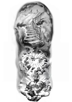 a black and white photo of a man's arm with clouds, stairs and sun