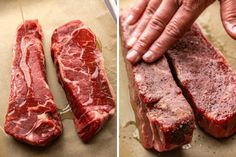 two pictures of raw meat being cut into pieces