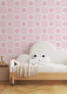 Pink Daisy checkered wallpaper for girls room, modern baby room Checkerboard Nursery, Pink Daisy Wallpaper, Nursery Daisy, Toddler Wallpaper, Checkerboard Wallpaper, Daisy Wallpaper, Pink Checkered, Muted Colours