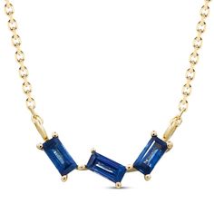 This striking and sumptuous natural blue sapphire necklace from Natural Precious Gemstones by KAY is a look like no other. Crafted in 10K yellow gold Three baguette-cut blue sapphires are set in a scatter pattern The curved pendant suspends centered on an 18-inch cable chain that secures with a lobster clasp Sapphire Necklace With Baguette Cut For Gifts, Sapphire Necklace Baguette Cut For Gift, Sapphire Baguette Cut Necklace For Gift, Blue Baguette Cut Necklaces For Gifts, Blue Sapphire Necklace, Sapphire Necklace, Natural Blue Sapphire, Accessories Jewelry Necklace, Baguette Cut