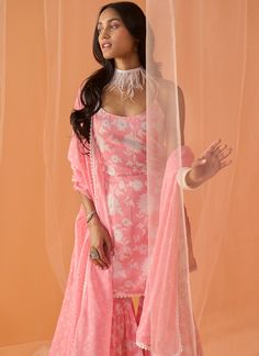 Light Pink White Floral Printed Gharara Suit | Lashkaraa Chanderi Sharara With Mirror Work And Straight Kurta, Art Silk Sharara With Straight Kurta And Dupatta, Chanderi Sharara With Gota Work And Straight Kurta, Art Silk Sharara With Dupatta, Chanderi Palazzo Set With Sheer Dupatta, Designer Wear Sharara With Sheer Dupatta For Diwali, Mulmul Palazzo Set With Sheer Dupatta And Straight Kurta, Unstitched Sharara For Designer Wear, Straight Kurta Palazzo Set With Sheer Dupatta In Mulmul