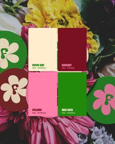 the color scheme is green, pink, and yellow with flowers on it in different shades