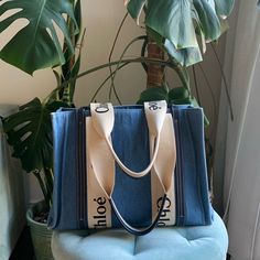 Beautiful/Great Condition It Has Been Used As U Can See The Corners Have Faded Since Its Denim. Straps Are Clean. Come With The Insert Chloe Woody Tote, Chloe Bags, U Can, Chloe Bag, Medium Bags, Womens Tote Bags, Chloe, Color Blue, Tote Bag