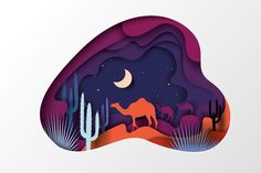 a paper cut desert scene with camels and cactus