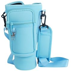 a small blue bag with two straps and a bottle in the front, on a white background