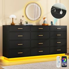 a black dresser with yellow drawers and a round mirror on the wall next to it