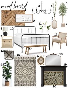 a collage of furniture and decor with the words mood board in black, white, and wood