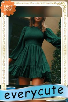 Dark Green Ruffle Detail Smocked Long Sleeve Dress Fall Brunch Smocked Dress With Ruffles, Green Ruffled Mini Dress For Fall, Green Smocked Long Sleeve Dress For Fall, Green Long Sleeve Smocked Dress For Fall, Fitted Smocked Dress With Ruffle Hem For Fall, Long Sleeve Smocked Dress With Ruffles For Spring, Spring Long Sleeve Smocked Dress With Ruffles, Casual Smocked Dress With Puff Sleeves For Fall, Fitted Tiered Smocked Dress For Fall