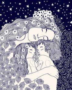 two women hugging each other with stars in the background