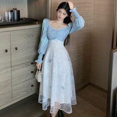 Top Rated Women's Sweet Girl Long Sleeves Spring Summer Casual Knee Dress Summer Size, Stunning Womens Dresses Cute Long Dresses Casual, Korean Dress Summer, Cute Long Dresses, Long Dress Korean, Clothing Making, Long Dress Casual, Sewing Design, Korean Dress, Knee Dress