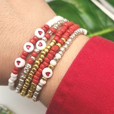 New Handmade Stretch Bracelets, Features Glass And Plastic Beads Red And White Beaded Bracelet, Valentines Clay Bead Bracelets, Homemade Bracelets With Beads, Colorful Bead Bracelets, Multi Wrap Bracelet, Valentines Bracelets, Green Beaded Bracelets, Homemade Bracelets, Wide Cuff Bracelets