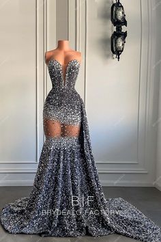 Crystals Gray Sequin Strapless Deep Neck Panel Train Formal Gown Glamorous Mermaid Dress With Detachable Train For Prom, Glamorous Gown With Detachable Train For Prom Season, Glamorous Prom Evening Dress With Detachable Train, Glamorous Evening Dress With Long Train For Prom, Glamorous Long Train Evening Dress For Prom, Pageant Evening Dress With Sweep Train, Embellished Mermaid Hem Evening Dress For Homecoming, Gala Gown With Rhinestones And Sweetheart Neckline, Sweetheart Neckline Gown With Rhinestones For Gala