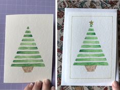 two pictures of christmas trees on paper with watercolor pencils