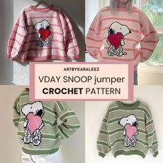 four sweaters with pictures of animals on them and the words, vday snoop jumper crochet pattern