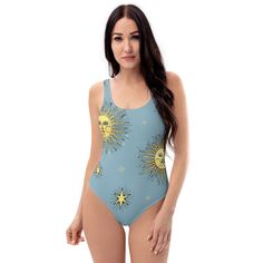 This one-piece swimsuit for all figures will bring out your best features. Enjoy the smooth fabric and the flattering design, and show it off by the sea or pool! * 82% Polyester, 18% Spandex * Fabric weight: 6.78 oz/yd² (230 g/m weight may vary by 5% * Chlorine-resistant fabric * Cheeky fit with a scoop neckline and a low scoop back * Zig-zag stitching * Double-layer front  * Four-way stretch material stretches and recovers on the cross and lengthwise grains This product is made especially for y Blue One-piece Leotard For Summer, Summer Surfing Bodysuit With Lined Body, Blue Beachwear Leotard For Summer, Fitted Swimwear For Surfing In Summer, Sleeveless Leotard For Swimming In Summer, Summer Sleeveless Leotard For Swimming, Blue Summer Beachwear Leotard, Sleeveless Beachwear Swimwear With Uv Protection, Sleeveless Uv Protection Beachwear Swimwear