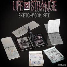 the book cover for life is strange sketchbook set, with drawings and photos on it