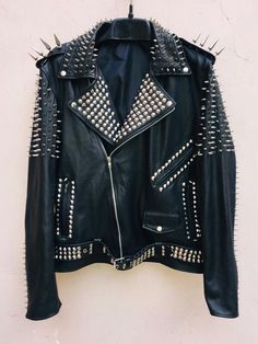 Women Punk Large Silver Spike Studded Leather Jacket on Storenvy Punk Leather Jacket Outfit, Rivethead Goth, Rockstar Jacket, Spiked Leather Jacket, Horror Fashion, Punk Leather Jacket, Battle Jackets, Punk Fashion Diy, Punk Jacket