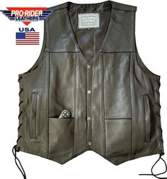 Premium Pro USA Men's Motorcycle Leather Biker Vest. Crafted from high-quality cowhide leather, this vest combines rugged durability with sleek design. Whether you're hitting the open road or cruising through the city, this vest has you covered. Key Features: *Single Panel Design: The minimalist design ensures a clean and classic look. No unnecessary frills--just pure functionality. *Adjustable Fit: Side laces allow you to customize the fit to your liking. Whether you prefer a snug fit or a bit Outdoor Leather Vest With Pockets, Biker Vest With Pockets For Motorcycling, Brown Biker Vest With Pockets, Safety Meeting, Leather Biker Vest, Biker Vest, Utility Pockets, Mens Vests, Motorcycle Leather