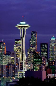 the seattle skyline is lit up at night