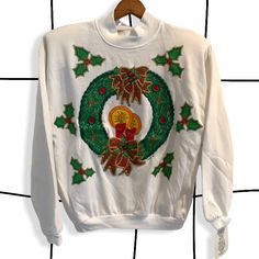 If U Are Ready For Ugly Sweater Szn This Here’s For U~~ A New With Tags Deadstock 90s Vintage From 1990 Insane Kitsch Christmas Wreath Sweater. Hand Painted With Textured Glitter Glue, Rhinestones, And Puff Paint. Can U Believe They Sold This At Jc Penny??? One Size, Measurements Pictured, Probs Fits Up To An Xl/Xxl. Has Shoulder Pads, Easy To Snip. 90s Puff Paint Shirt, Puff Paint Christmas Sweatshirt, Christmas Sweaters Embroidery, Puff Paint Shirts, Wreath Sweater, Christmas Sweatshirt Ideas, Paint Sweatshirt, Diy Christmas Sweater, Retro Diy