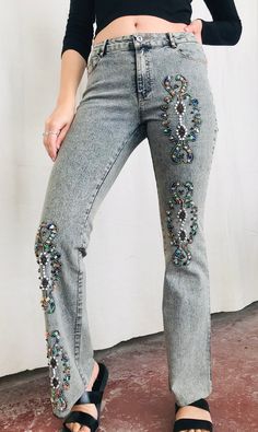 "Vintage Gem Stone Beaded Pant - Small 100% Cotton Variety of gemstones beaded on pant Modeled on a size small Flat measurements: 28\"waist 34\"Hip 41\"length" Embellished Fitted Wide-leg Bottoms, Spring Wide-leg Bottoms With Rhinestones, Wide-leg Rhinestone Bottoms For Spring, Wide Leg Bottoms With Rhinestones For Spring, Stretch Bottoms With Rhinestones For Spring, Spring Fitted Rhinestone Bottoms, Spring Stretch Bottoms With Rhinestones, Party Pants With Rhinestones And Straight Leg, Party Bottoms With Rhinestones And Straight Leg