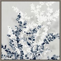 an abstract painting of blue and white flowers on a gray background with black leaves in the foreground