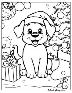 puppy celebrate Christmas coloring sheet Christmas Dog Coloring Pages, Puppy Coloring Pages Free Printable, Cute Puppy Coloring Pages, Cute Puppies Golden Retriever, Cute Husky Puppies, Puppy Coloring Pages, Christmas Coloring Sheets, Rainy Day Fun, Cute Husky