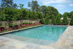 a swimming pool surrounded by flowers and trees