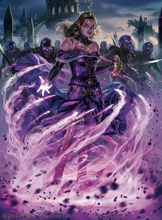 an image of a woman in purple dress with her arms spread out and two swords