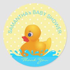 a baby shower sticker with a rubber ducky on it