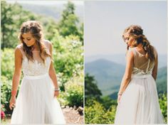 two pictures of a woman wearing a wedding dress in the mountains, one is looking down