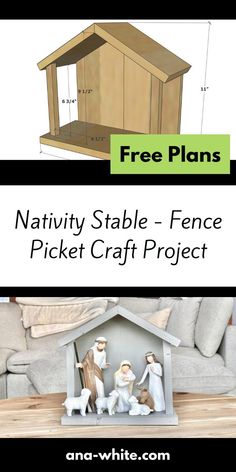 the nativity stable - fence and picket craft project is shown with text overlay