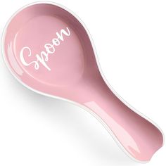 a pink spoon with the word spoon written on it's side in cursive writing