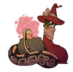 a cartoon character sitting on top of a snake wearing a hat and holding a bag