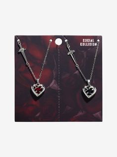 Social Collision Heart Gem Sword Best Friend Necklace Set | Hot Topic Matching Presents For Couples, Cute Friendship Jewelry, Matching Necklaces For Best Friends, Social Collision, Best Friends Jewelry, Couple Accessories, Heart Gem, Hot Topic Jewelry, Best Friend Necklace