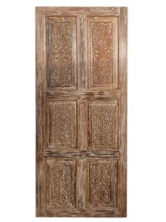 an old wooden door with intricate carvings on the front and side panels, isolated against a white background