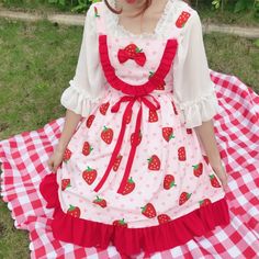 Sweet bow cute strawberry cherry strap dress Strawberry Dress, Kawaii Fashion Outfits, Cute Strawberry, Sweetheart Dress, Kawaii Clothes, Harajuku Fashion, Lolita Dress, Lolita Fashion, Kawaii Fashion