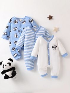 3pcs Baby Boy Cute Cartoon Panda Striped Print Jumpsuit Pajamas Multicolor   Long Sleeve Knitted Fabric Animal  Slight Stretch  Newborn Baby Clothing, size features are:Bust: ,Length: ,Sleeve Length: Baby Boy Pajamas, Cartoon Panda, Print Jumpsuit, Baby Pajamas, Short Sleeve Romper, Fabric Animals, Boys Pajamas, Baby Outfits Newborn, Printed Jumpsuit