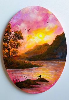 a painting of a sunset over a lake with birds flying in the sky above it