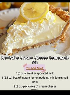 a slice of no bake cream cheese lemonade pie