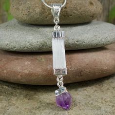 Selenite with Amethyst Dangle Necklace Spiritual Sterling Silver Gemstone Pendant, Adjustable Hand-strung Crystal Necklaces For Meditation, Nickel-free Adjustable Spiritual Crystal Necklace, Spiritual Amethyst Pendant Gemstone, Spiritual Amethyst Crystal Pendant, Spiritual Work, Divine Energy, Dangle Necklace, Divine Light